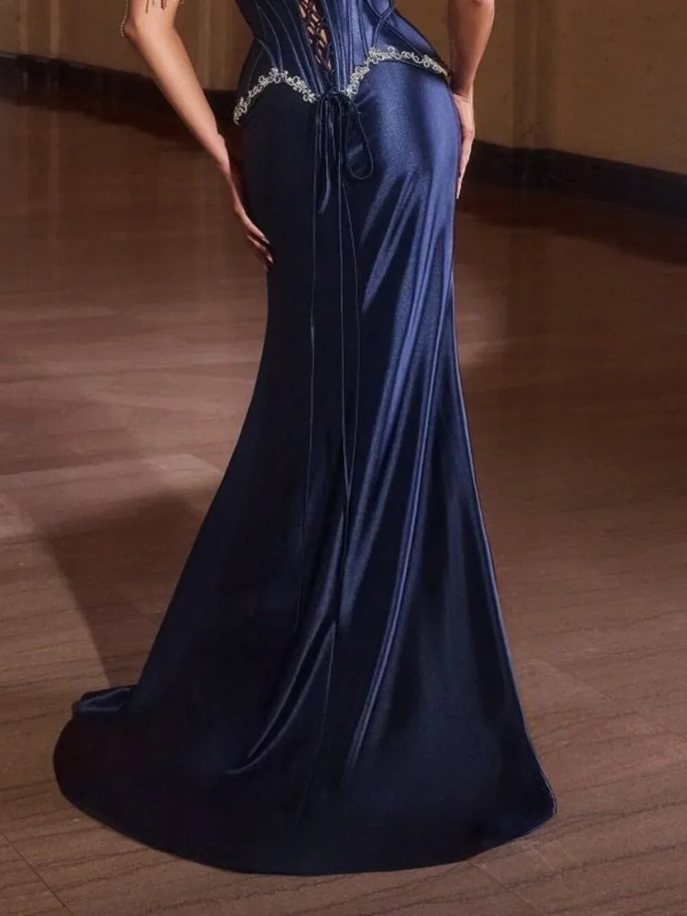 New Navy Beaded Festive Soft Satin Dress w/ Corset Bodice & Leg Slit CD688 - Picture 9 of 9